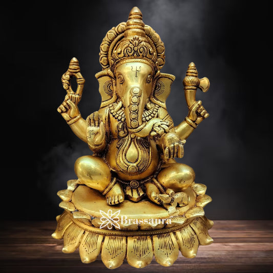 Brass Lotus Ganesha Statue Weight 7.4 Kg & Height 11.5 Inch