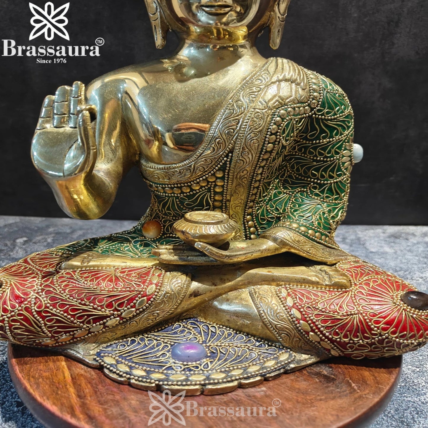 Brass Blessing Gem Stone Work Buddha Weight 5.8 kg & Height 12 Inch