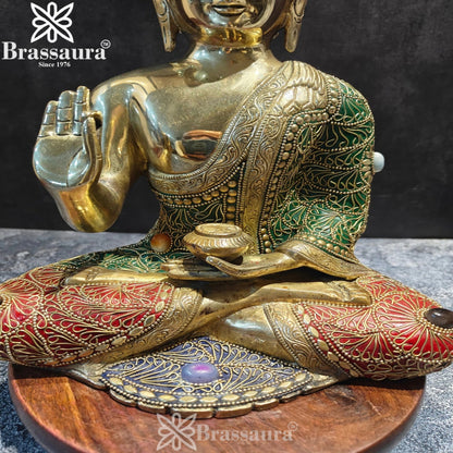 Brass Blessing Gem Stone Work Buddha Weight 5.8 kg & Height 12 Inch