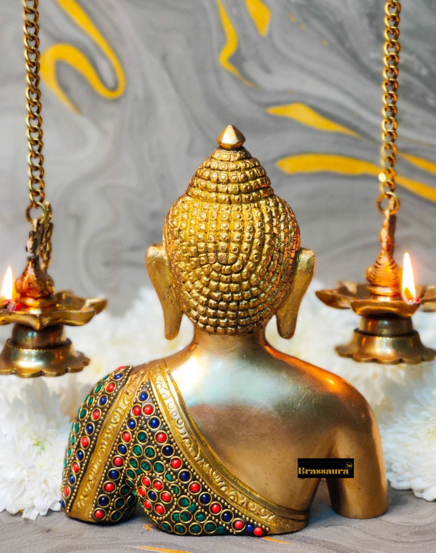 Brassaura™ Brass Buddha Bust with Natural Stones – Height 8 Inches, Weight 2 Kgs
