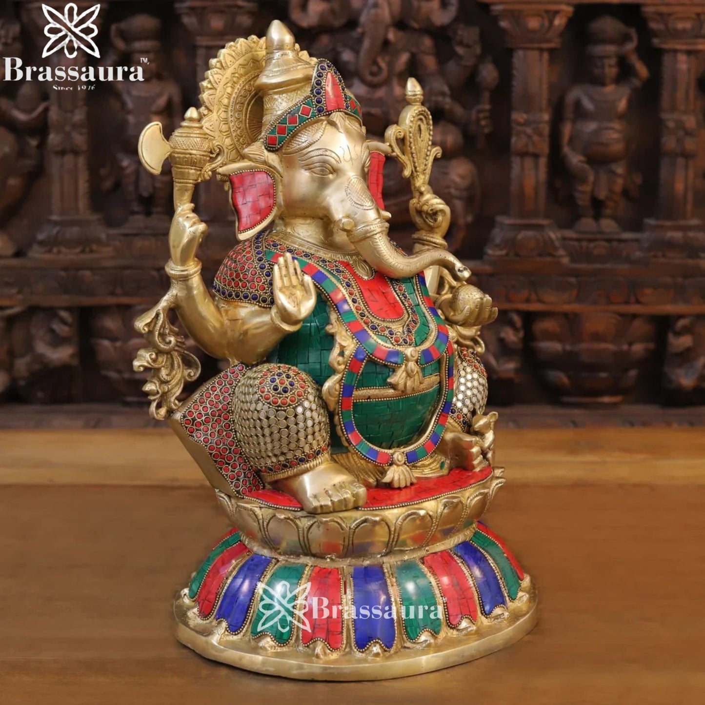 Brass Gem Stone Work Ganesha Weight 13.8 Kg & Height 17 Inch