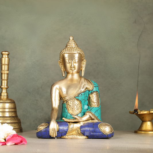 Brassaura™ Brass Buddha Statue with Intricate Stonework – Height 8 Inches & Weight 2 Kgs