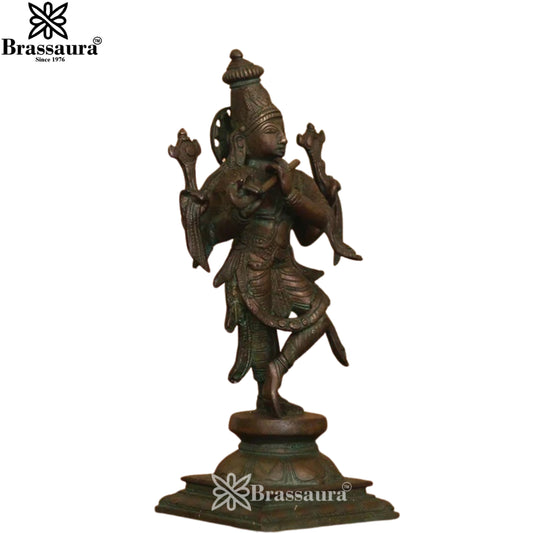 Brassaura® Krishna Playing Flute Idol with Antique Green Patina Finish | Pure Superfine Brass Handcrafted Murti | Brass Statue for Home Temple, Pooja Room | Height 11.5 Inches | Weight 3.5 Kgs