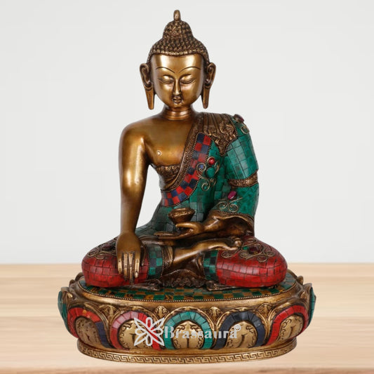 Brass Bhumisprasa Gem Stone Work Buddha Weight 8 kg & Height 14 Inch