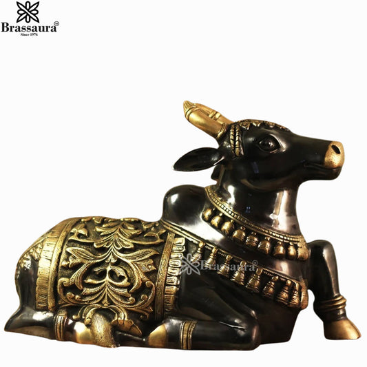Brassaura® Black & Antique Gold Carved Nandi Brass Statue | Sacred Vehicle of Lord Shiva | Height 18 Inches & Weight 17 Kgs