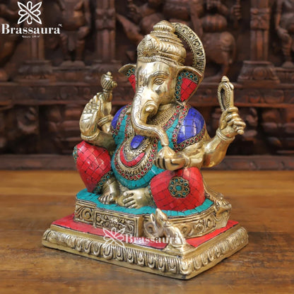 Brass Gem Stone Work Ganesha Weight 9.5 Kg & Height 12.5 Inch