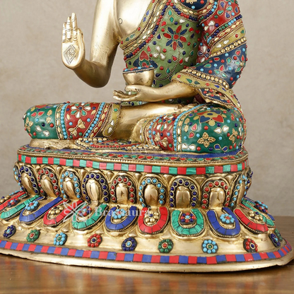Brassaura™ Pure Brass Blessing Buddha Idol with Mosaic Floral Stonework – Height 20 Inches, Weight 19 Kgs
