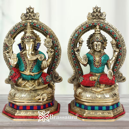 Brass Gem Stone Work Lakshmi Ganesh Weight 8.4 kg & Height 11.5 Inch