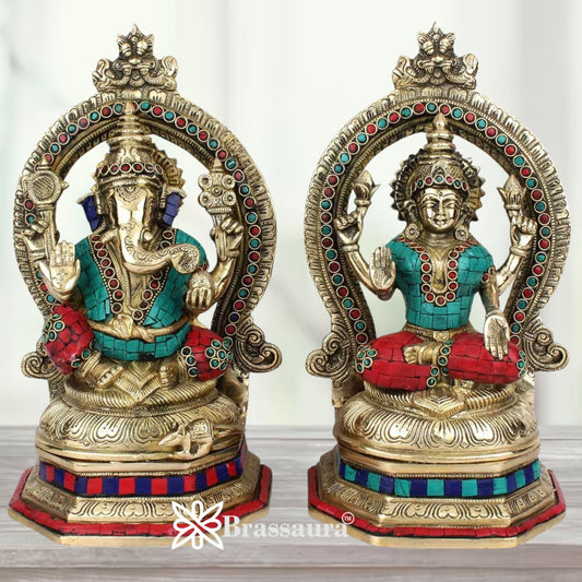 Brass Gem Stone Work Lakshmi Ganesh Weight 8.4 kg & Height 11.5 Inch