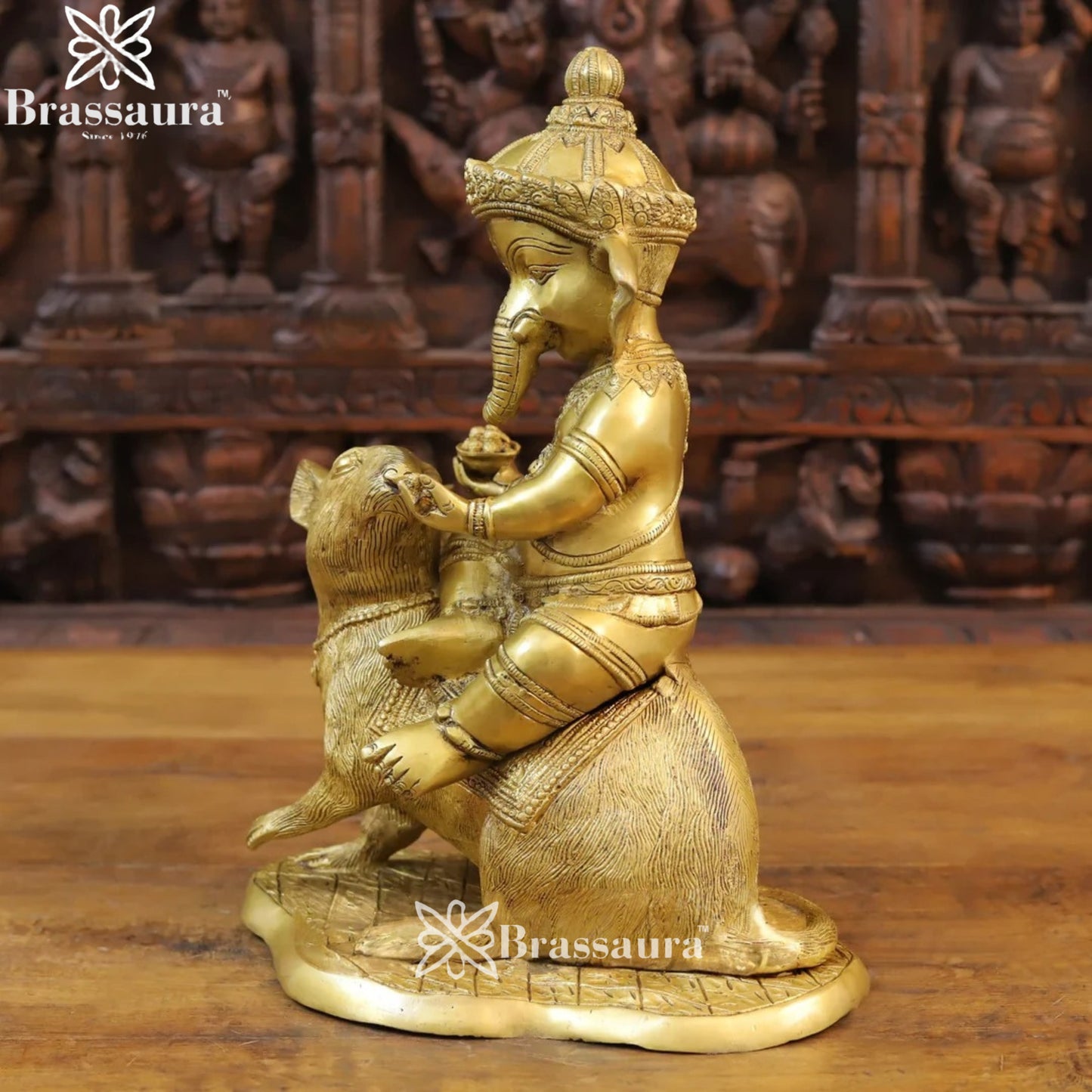 Brass Ganesha On Rat Weight 9.4 Kg & Height 15 Inch