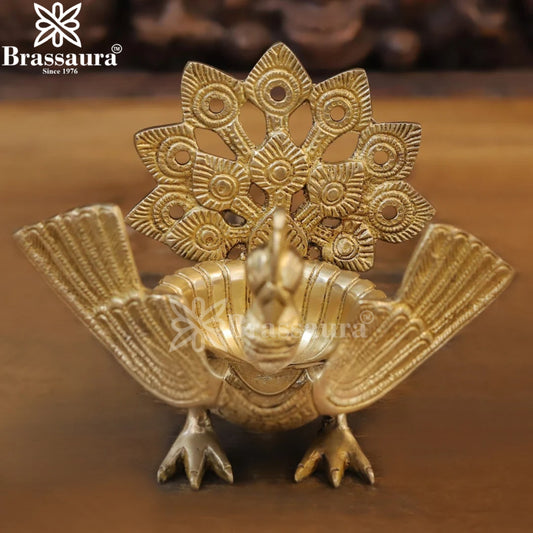 Brassaura® Brass Peacock Urli Statue – Height 7 Inches & Weight 1.52 Kgs | Cultural Home Décor