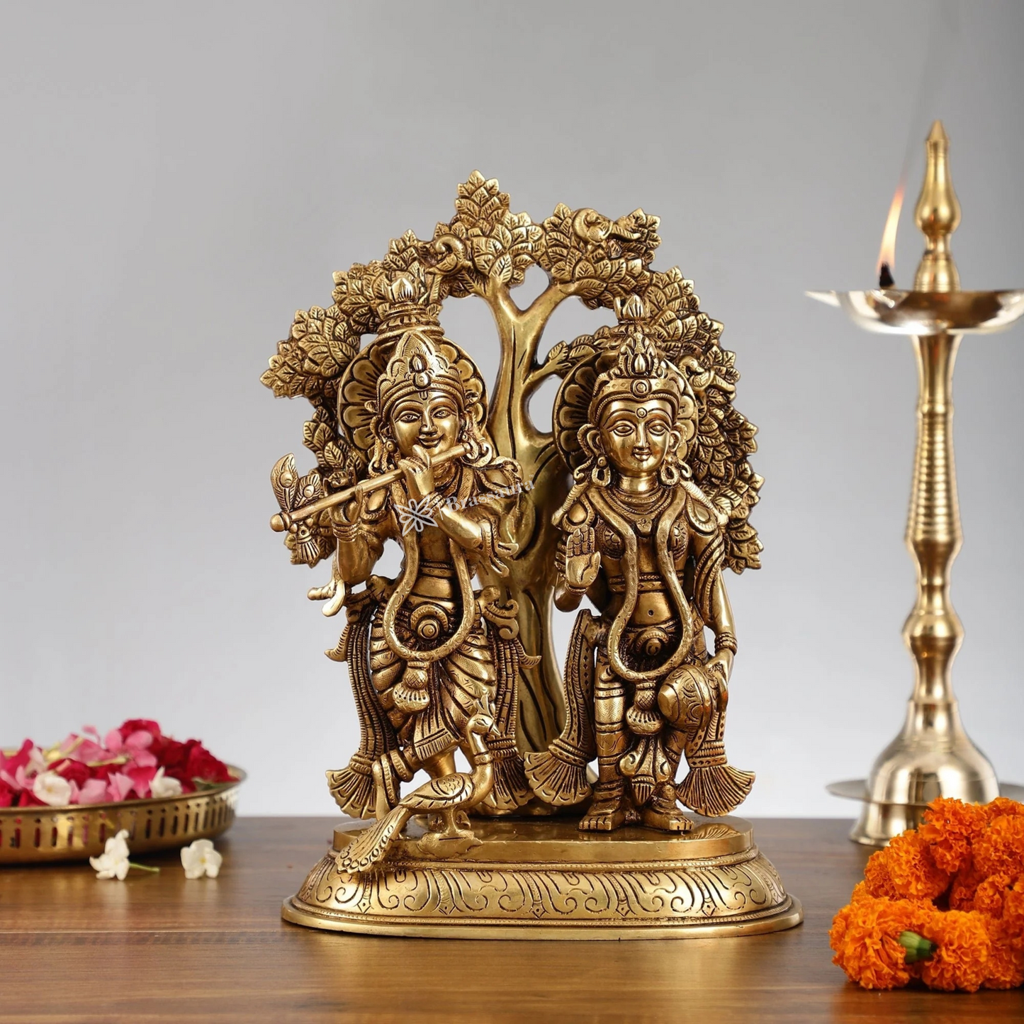 Brassaura™ Superfine Brass Radha Krishna Idols with Kalpavriksha & Peacock – Height 14 Inches & Weight 7.59 Kgs | Devotional Pair