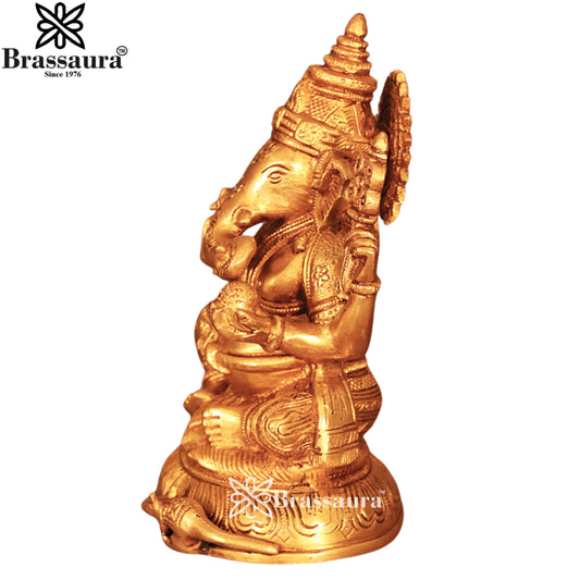 Brassaura® Chola Inspired Golden Brass Ganesha Idol | Radiant Crown Design | Height 11.6 Inches