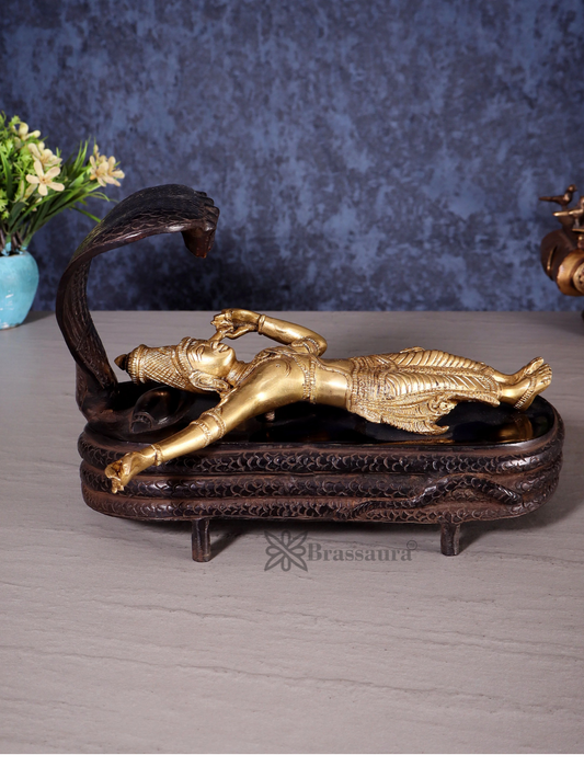 Brassaura® Handcrafted Pure Brass Vishnu in Yog Nidra on Ananta Shesha Statue | 6 Inch Height | Antique Brass Polish Finish