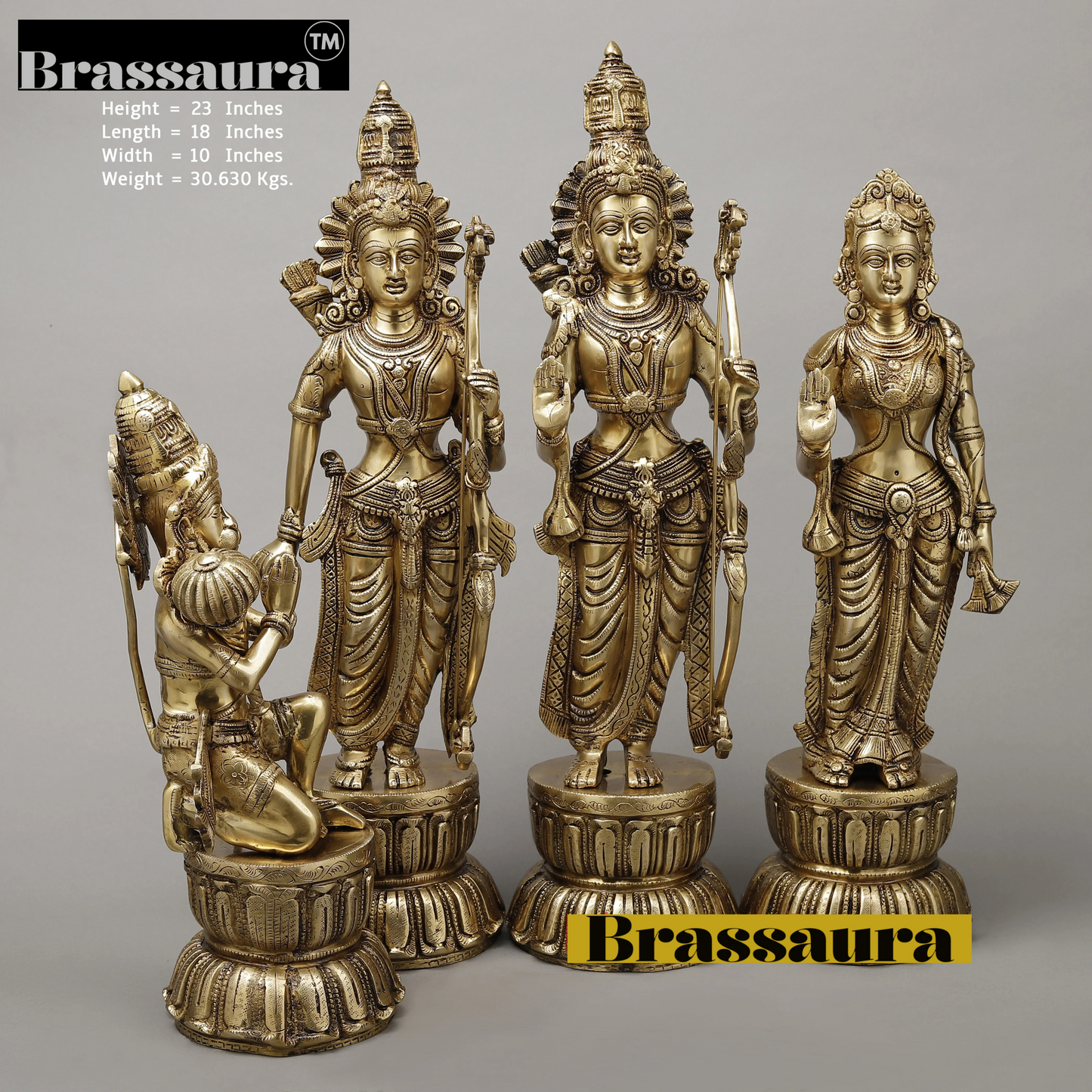 Brassaura™ Pure Brass Ram Darbar Set – 23 Inch Height, 30.630 Kg Weight – Handcrafted North Indian Idol Set