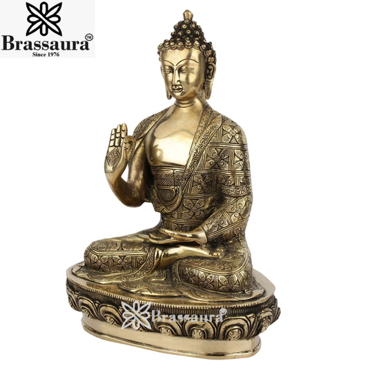 Brassaura® Buddha Sitting in Blessing Mudra Idol with Antique Finish | Pure Superfine Brass Handcrafted Murti | Brass Statue for Home Temple, Pooja Room | Height 12 Inches | Weight 4.9 Kgs
