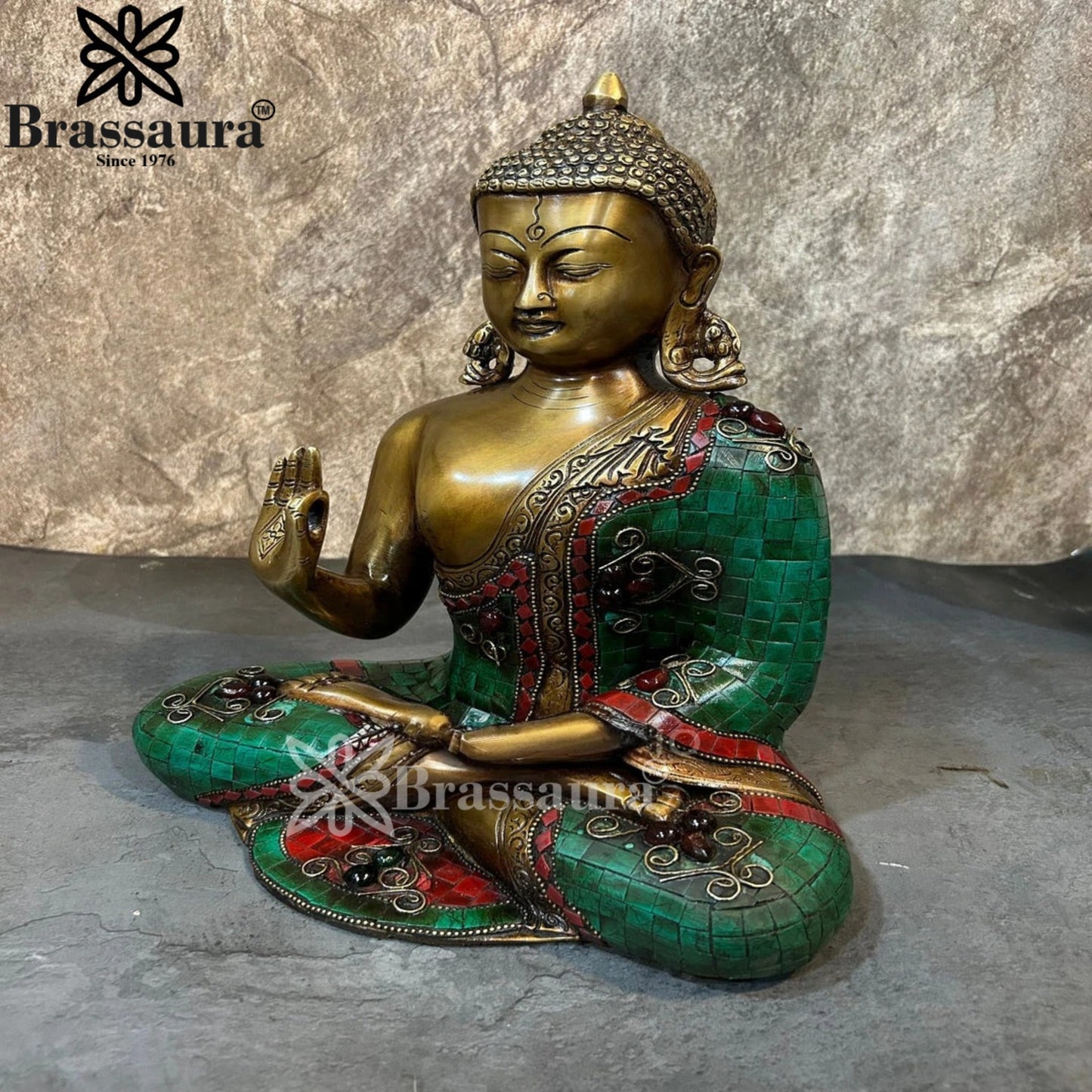 Brass Blessing Gem Stone Work Buddha Weight 6.1 kg & Height 12.5 Inch