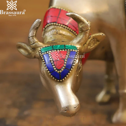 Brass Gem Stone Work Cow Statue Weight 3.48 Kg And Height 7.5 Inch