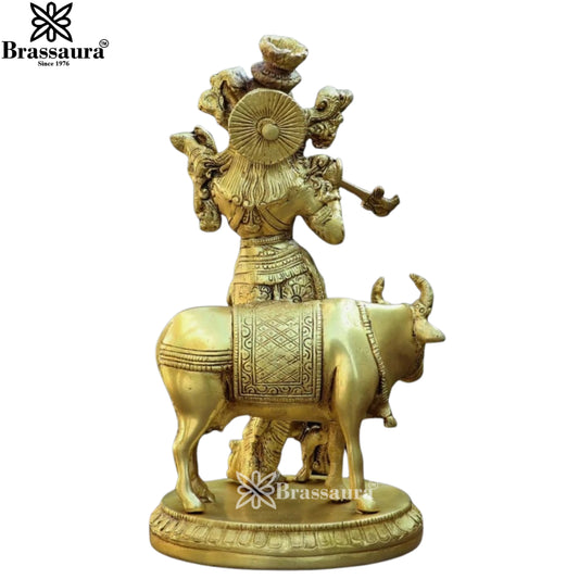 Brassaura® Brass Lord Krishna Playing Flute with Sacred Cow Idol | Vintage Finish Handcrafted Brass Murti for Home Temple, Pooja & Spiritual Décor | Height 10 Inches | Weight 3 Kg