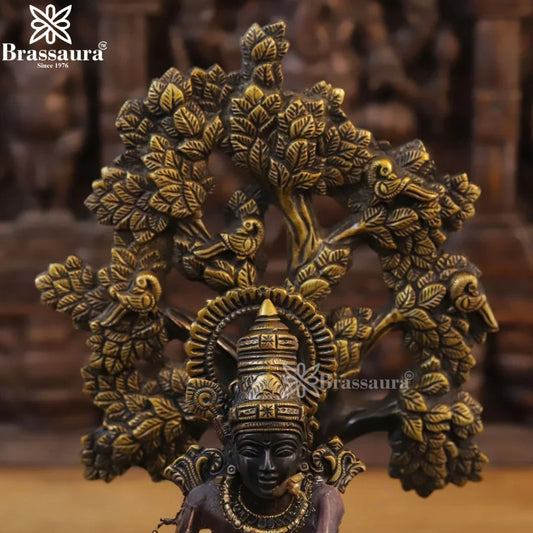 Brassaura® Lord Krishna Playing Flute Under Kadamba Tree with Cow Idol with Golden & Black Patina Finish | Pure Superfine Brass Handcrafted Murti | Brass Statue for Home Temple, Pooja Room | Height 16 Inches | Weight 7.5 Kgs