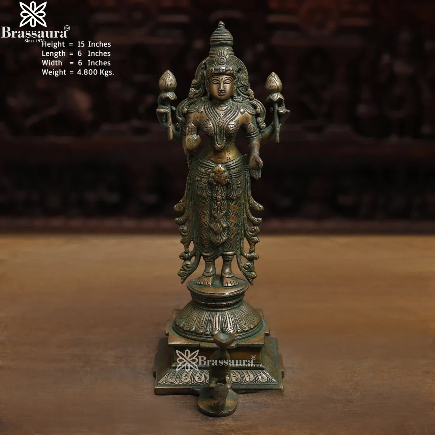 Brassaura™ Handcrafted Brass Laxmi Idol – Height 15 Inches & Weight 4.8 Kgs | Devotional Statue