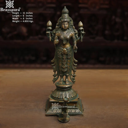 Brassaura™ Handcrafted Brass Laxmi Idol – Height 15 Inches & Weight 4.8 Kgs | Devotional Statue