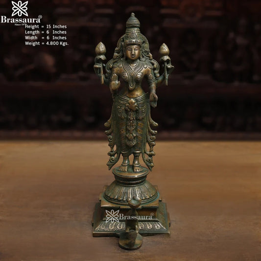 Brassaura™ Handcrafted Brass Laxmi Idol – Height 15 Inches & Weight 4.8 Kgs | Devotional Statue