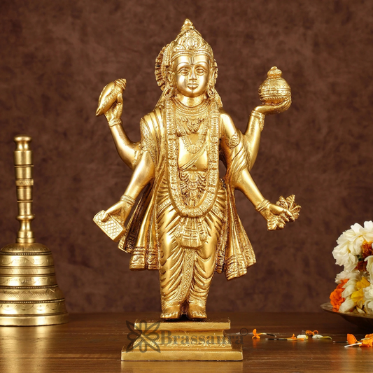 Brassaura™ Handcrafted Pure Brass Lord Dhanvantari Statue | 10 Inch Height | 2.7 KG Weight | Intricate Detailing