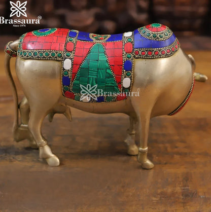 Brass Gem Stone Work Cow Statue Weight 3.48 Kg And Height 7.5 Inch
