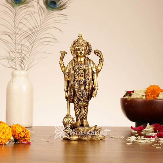 Brassaura™ Handcrafted Superfine Brass Lord Vishnu Satyanarayan Statue with Four Arms (Chaturbhuja) on Lotus Base | 8 Inch Height | 2 KG Weight