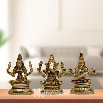 Brassaura™ Handcrafted Brass Laxmi Ganesha Saraswati Murti – Height 3.5 Inches & Weight 0.9 Kgs | Puja Room Idol