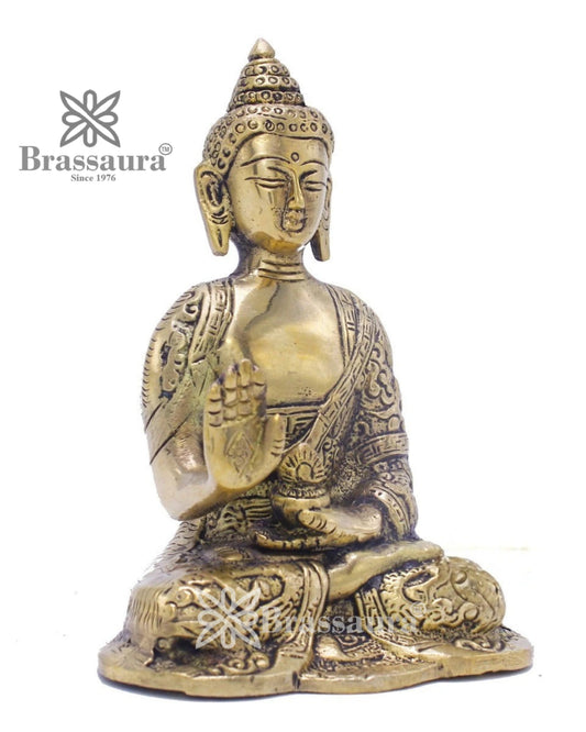 Brassaura® Buddha Sitting in Abhaya Mudra with Antique Gold Finish & Intricate Robe Detailing | Pure Superfine Brass Handcrafted Murti | Brass Statue for Home Temple, Pooja Room | Height 5 Inches | Weight 0.65 Kgs