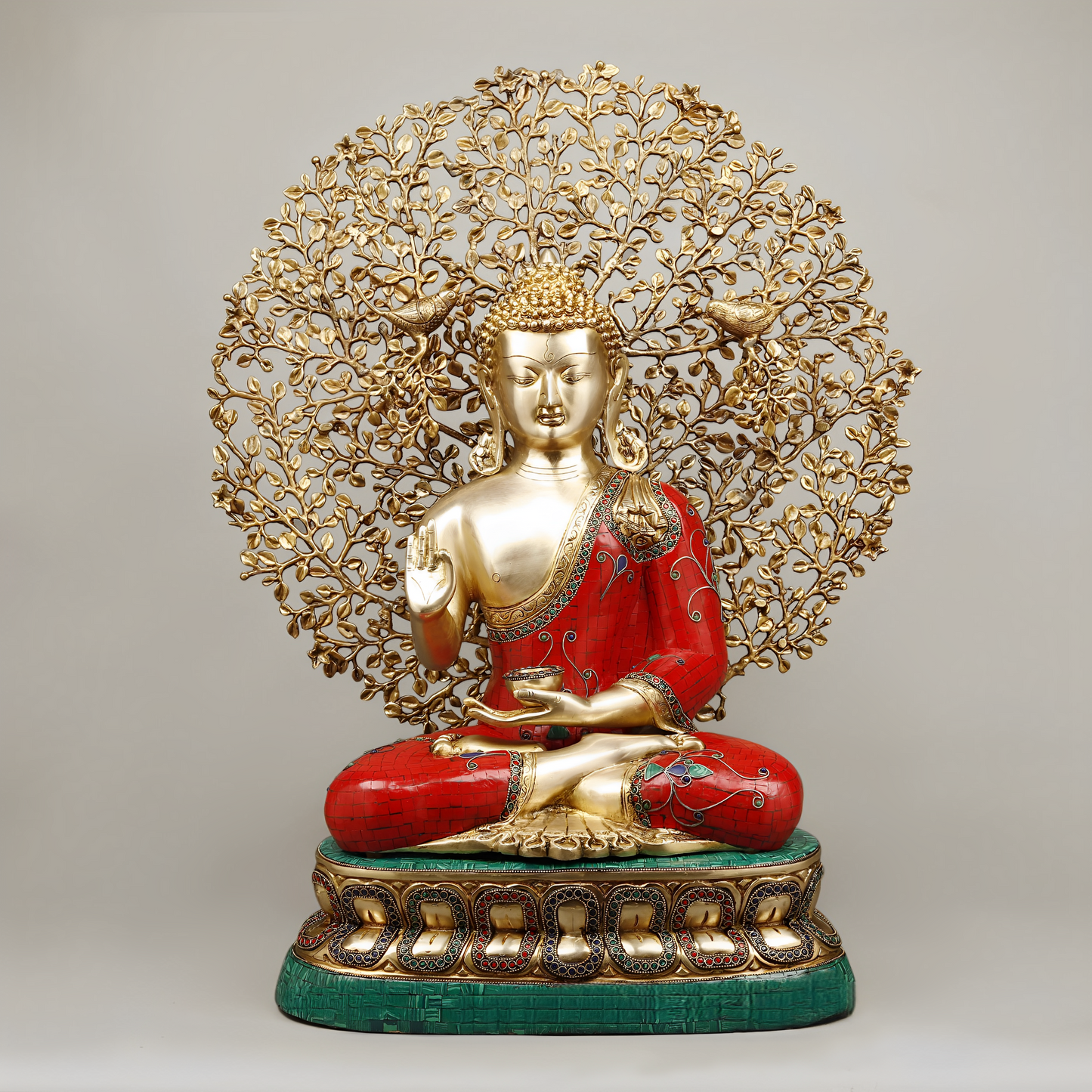 Brassaura™ Brass Buddha Statue under Kalpavriksha Tree – Height 29 Inches | Weight 31.98 Kgs | Meenakari Stonework
