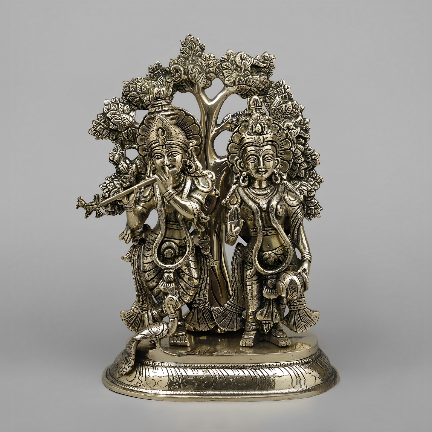 Brassaura™ Pure Brass Radha Krishna Under Tree Idol – 13.5 Inch Height, 7.860 Kg Weight – Golden Finish Statue