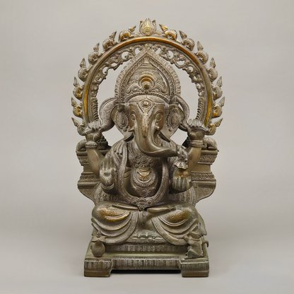 Brassaura™ Brass Ganesh Seated with Rat Frame – Green Antique Finish – Height 20 Inches, Weight 19.06 Kgs