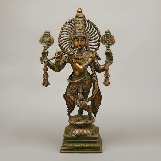 Brassaura® Lord Krishna Playing Flute Idol with Green Algae Finish | Pure Superfine Brass Handcrafted Murti | Brass Statue for Home Temple, Pooja Room, Spiritual Décor & Luxury Gifting | Height 24 Inches | Weight 13.05 Kg