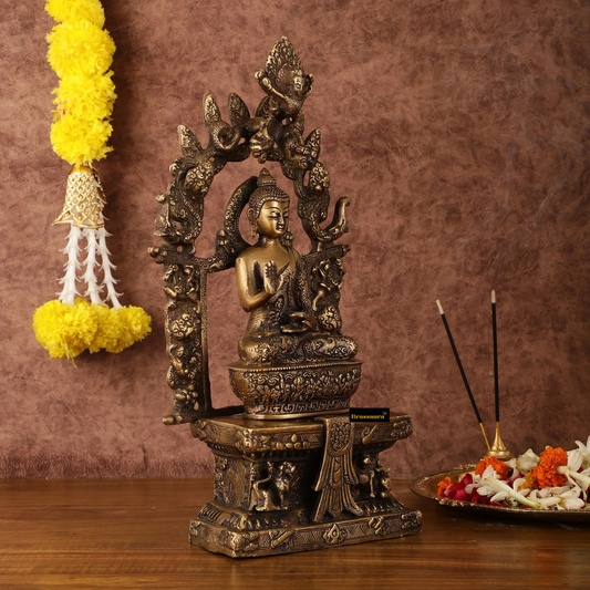Brassaura™ Pure Brass Seated Buddha on Engraved Aasan and Arch – Height 16 Inches, Weight 6 Kgs