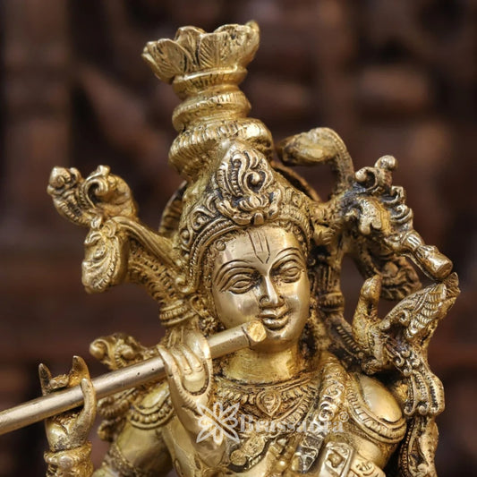 Brassaura® Radha Krishna Standing on Lotus Idol | Pure Superfine Brass Handcrafted Fine Golden Finish Murti with Intricate Floral Artwork | Premium Radha Krishna Statue for Home Temple & Luxury Décor | Height 14 Inches | Weight 7.34 Kgs