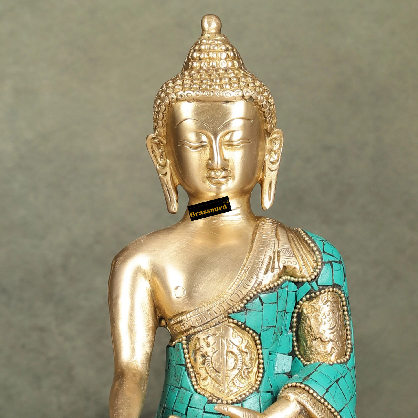Brassaura™ Brass Buddha Statue with Intricate Stonework – Height 8 Inches & Weight 2 Kgs