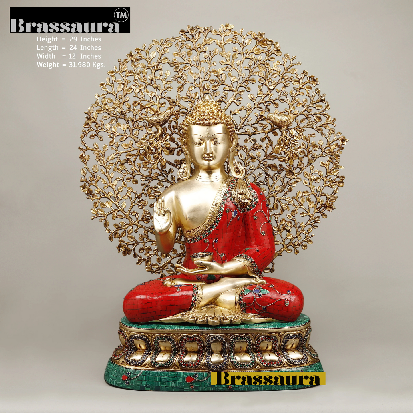 Brassaura™ Brass Buddha Statue under Kalpavriksha Tree – Height 29 Inches | Weight 31.98 Kgs | Meenakari Stonework