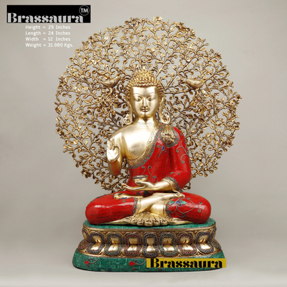 Brassaura™ Brass Buddha Statue under Kalpavriksha Tree – Height 29 Inches | Weight 31.98 Kgs | Meenakari Stonework