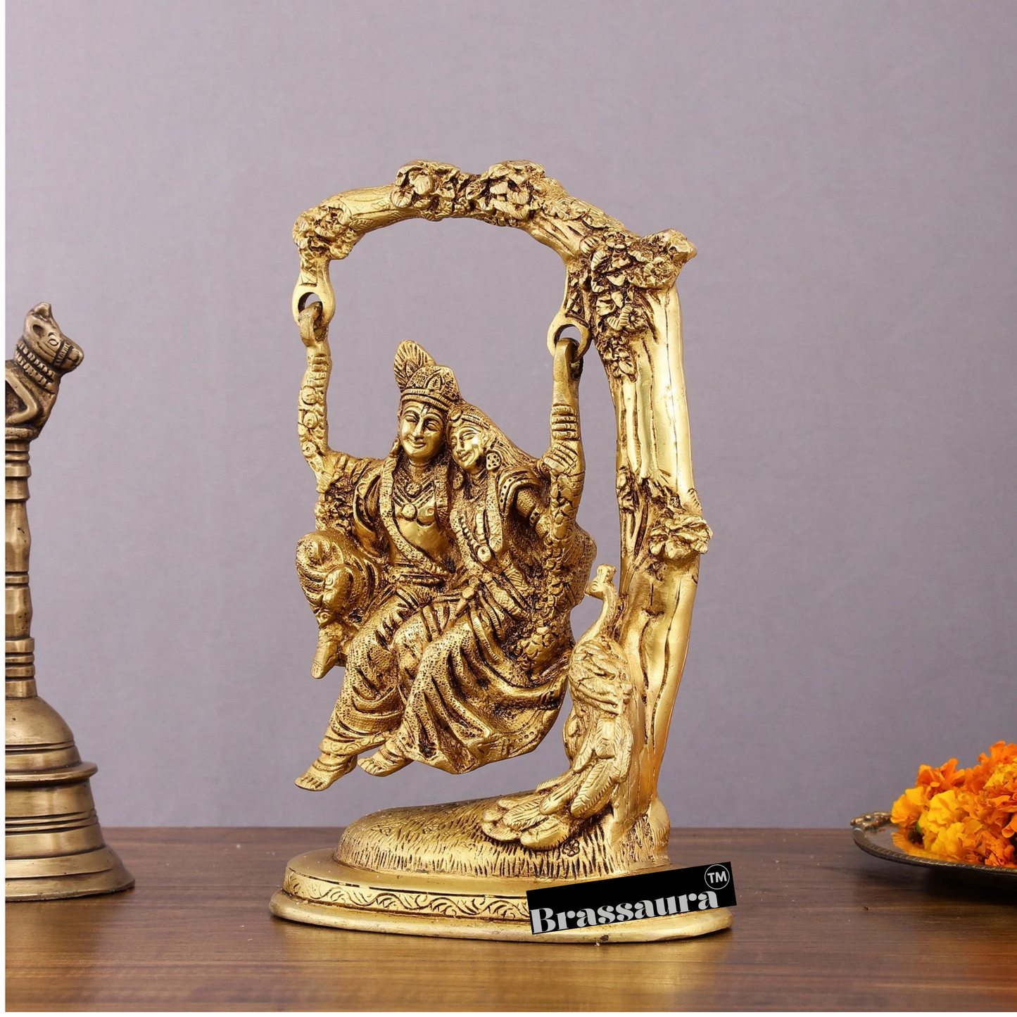 Brassaura™ Pure Brass Radha Krishna Swing – 10.5" Height | 3.10 kg – Divine Tree-Hung Idol for Home Décor