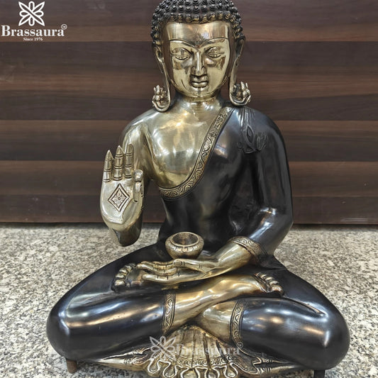 Brassaura® Buddha Sitting in Blessing Mudra Idol with Antique Black & Silver Finish | Pure Superfine Brass Handcrafted Murti | Brass Statue for Home Temple, Pooja Room | Height 20 Inches | Weight 17 Kgs