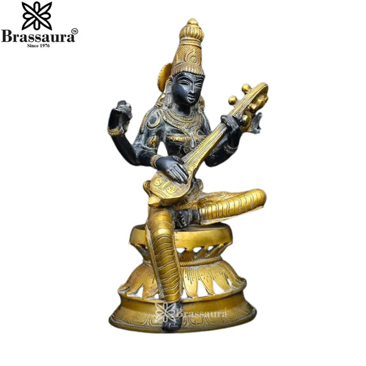 Brassaura™ Brass Saraswati Figurine – Height 12.2 Inches & Weight 4.59 Kgs | Artistic Goddess Statue