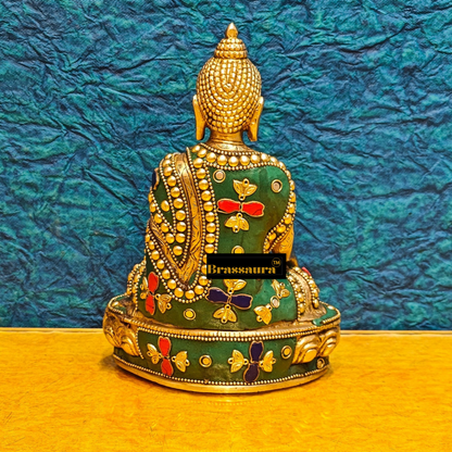 Brassaura™ Brass Buddha Statue in Bhoomisparsha Sakhyamuni Mudra – Height 7.5 Inches | Weight 1.7 Kgs | Stone & Brass Work