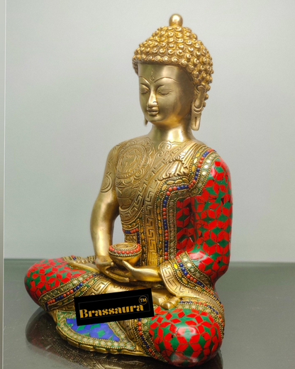 Brassaura™ Brass Meditating Buddha Statue in Dhyaan Mudra – Height 12 Inches | Weight 6.5 Kgs | Meenakari Stonework