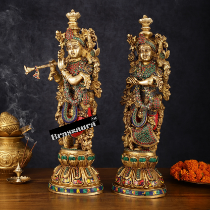 Brassaura™ Brass Radha Krishna Statues – 21 Inch Height, 18 Kg Pair | Handcrafted Indian Home Decor