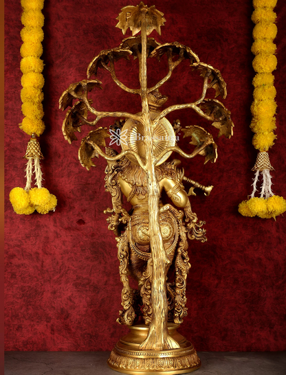 Brassaura™ Superfine Brass Krishna under Tree Sculpture – Height 35 Inches & Weight 32 Kgs
