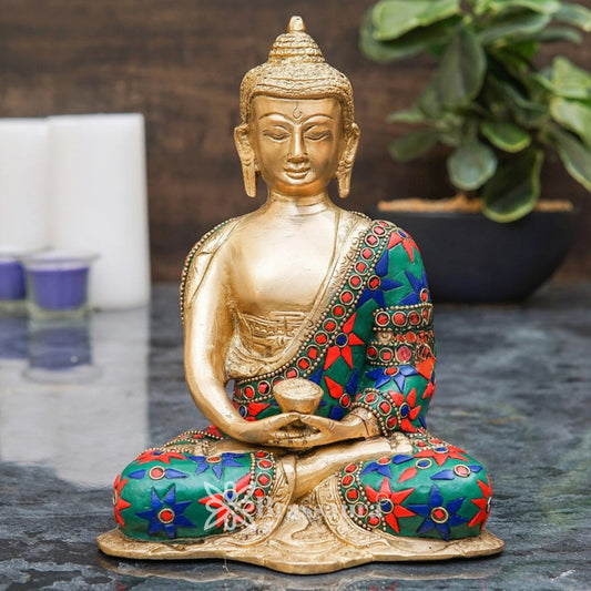 Brass Gem Stone Work Multicolored Buddha Weight 2.1 kg & Height 8 Inch
