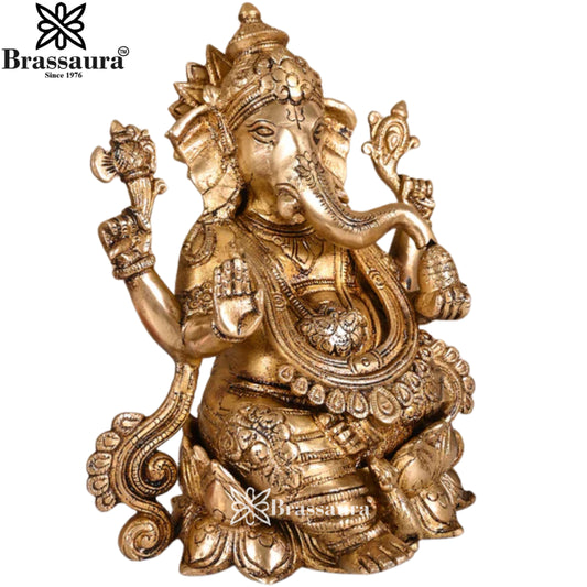 ब्रसौरा® अलंकृत बैठे हुए गणेश पीतल की मूर्ति | समृद्ध पारंपरिक विवरण | ऊंचाई 8 इंच